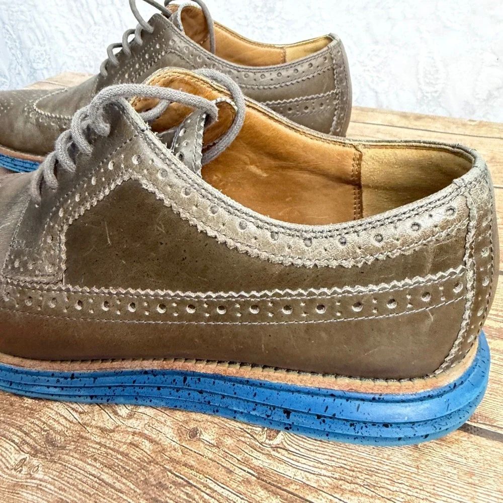 Cole Haan Mens 10 Brown Leather Lunargrand Wingtip Oxford Blue Sole Quiet Luxury